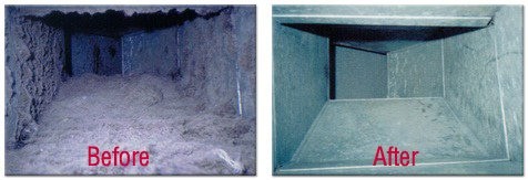 HVAC air duct before and after cleaning — heavy dust and debris removed leaving clean metal interior