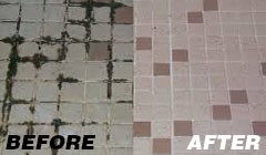 Tile and grout before and after cleaning, showing dark soiled grout becoming clean and uniform
